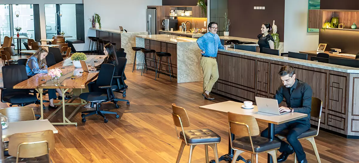 Clients working in a 5-star coworking space with hot desks, collaboration booths, and professional reception.